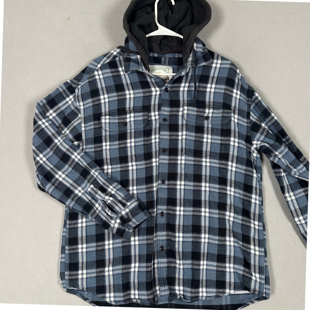 American Eagle Shirt Men Large Flannel Blue Plaid Hooded Button Down Flap Pocket